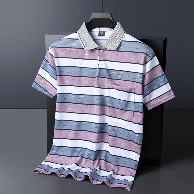 

Male Summer Loose Simplicity Buttons Striped Pocket Square Collar Short Sleeve T-Shirt Top Tee Business Casual Pullover Thin Men
