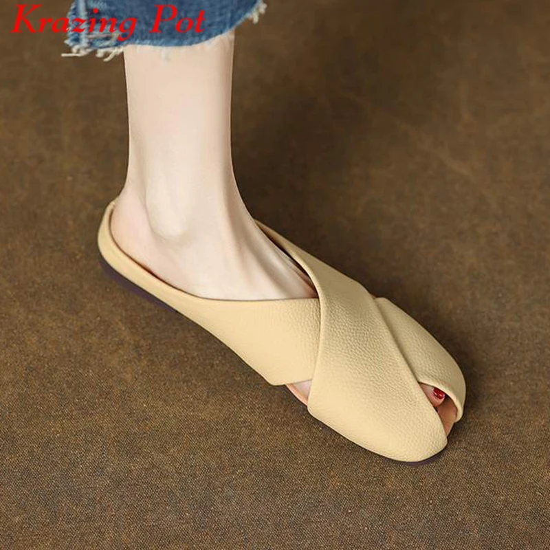 

Krazing Pot Cow Leather Mules Flat With Summer Preppy Style Butterfly-knot Round Toe Women Soft Leather Casual Outside Slippers