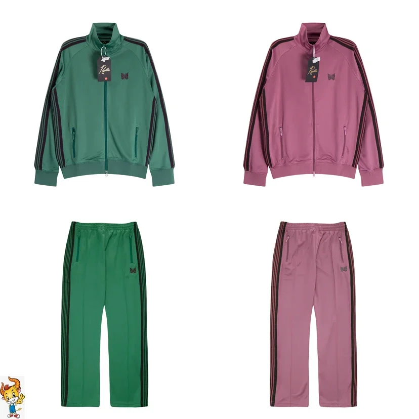 

Green Pink Needles AWGE Track Pants Zipper Jackets Set Men Women Embroidery Butterfly Logo Stripe Sweatpants Trousers Suit
