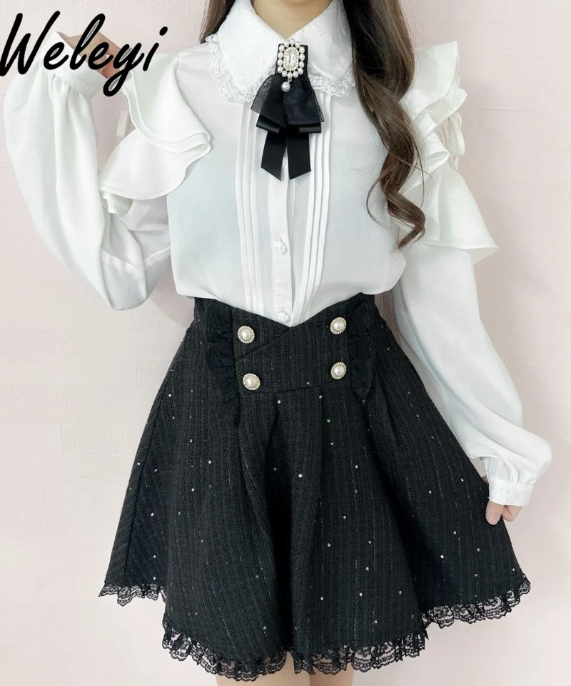

Rojita Sweet for Blouses Women's 2024 Spring and Autumn New Mine Doll Collar Off Shoulder Lace Stitching Loose Lolita Shirt Tops