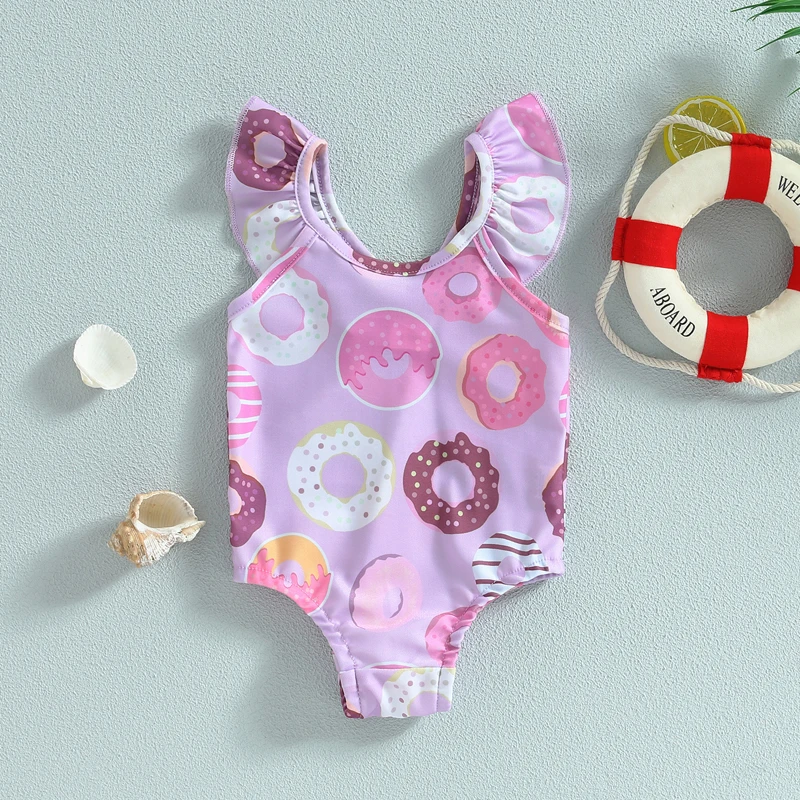 

VISgogo Baby Girls Swimwear Ruffle Swimsuit Sleeveless Cartoon Donut Print Bathing Cute Beach Summer Casual Clothes