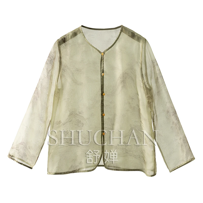 

100% Natural Silk New 2024 Blusas Mujer De Moda New Chinese Style Shirt Women Long Sleeve Top blusa feminina