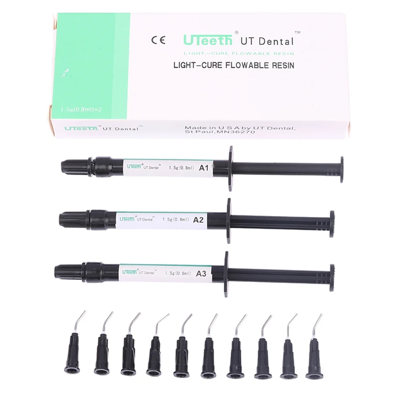 

1 Syringe 5pcs tips UT Dental Flowable Composite Flow Resin Light Cure Shade Dispensing Tips Tooth Filling Material