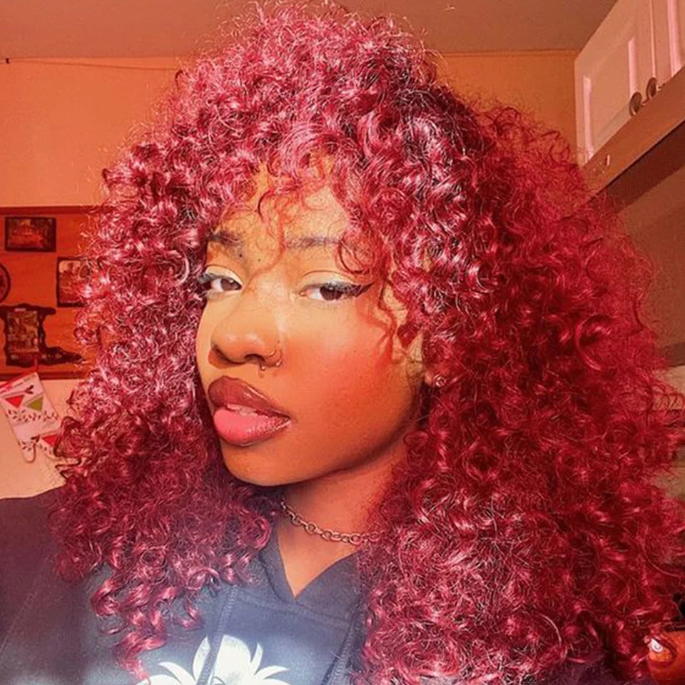 

Ombre Burgundy 99J Kinky Curly Bob Wig Human Hair Wigs For Women Ombre Highlight Brazilian Jerry Curly Human Hair Wig With Bangs