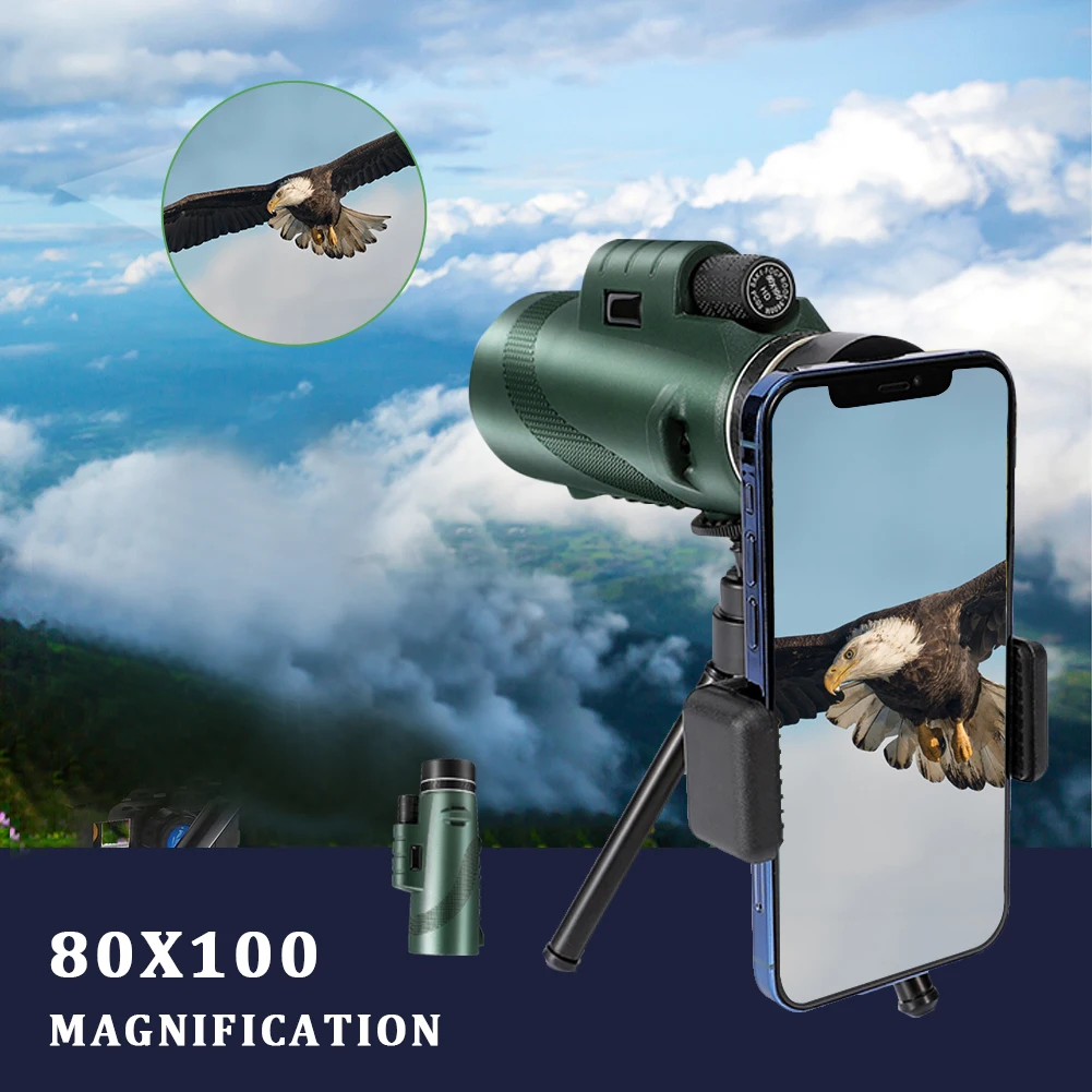 80X100 Monocular Professional Telescope with Tripod Phone Clip Low Light HD Telescope for Outdoor Bird Watching Camping Tourism
80X100 Monocular Professional Telescope with Tripod Phone Clip Low Light HD Telescope for Outdoor Bird Watching Camping Tourism