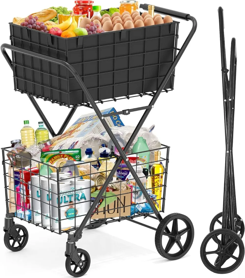 

[2-Tier] Extra Large Shopping Cart for Groceries, Grocery Cart with Removable Storage Baskets, 360° Rolling Swivel Wheels