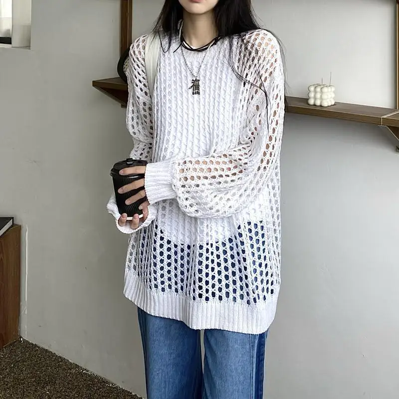 

Spring and Summer Tops Knitting Hollowed Out Knitwear Female Thin Style Loose Fitting Fashion Versatile Long Sleeved Smock y2k