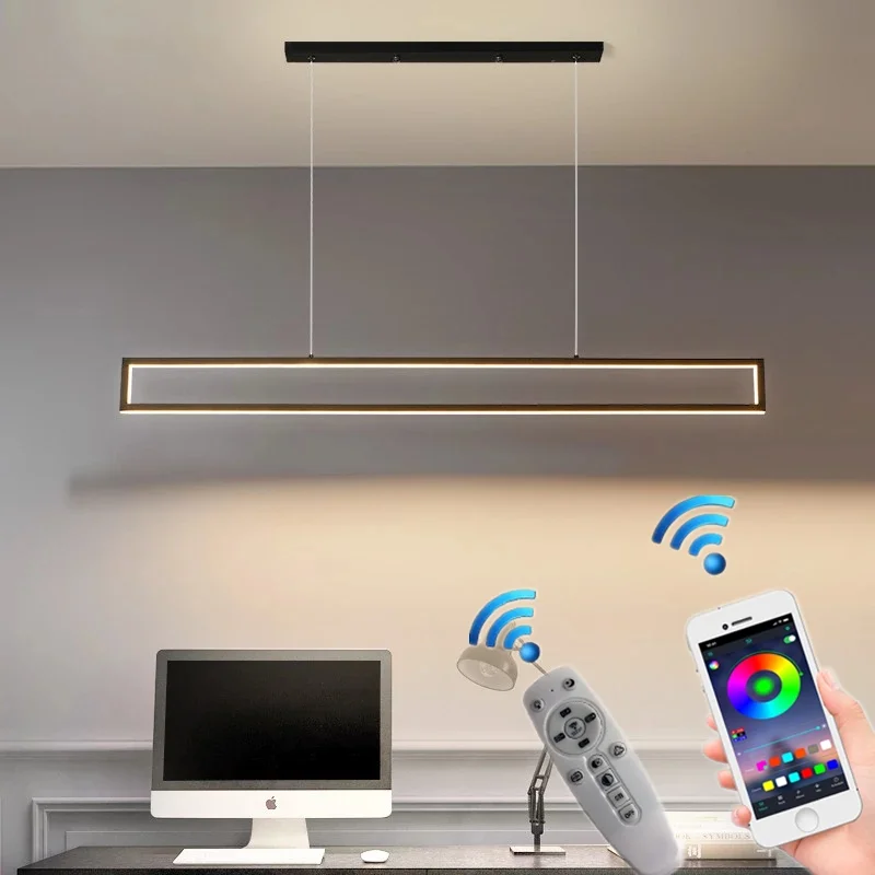 

Modern Remote Black Long Pendant Lights LED Chandelier For Dining Room Coffee Shop Bar Light Fixtures Decoration Hanging Light