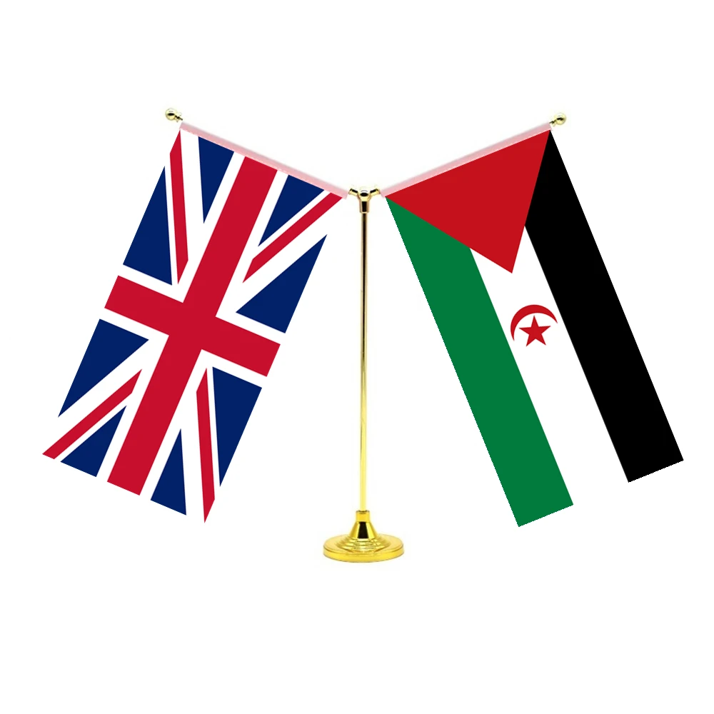 

14x28cm Mini Sahrawi Arab Flag Desktop Standing Friendship Set With Two Flags Of Britain UK United Kingdom And Sahrawi Arab