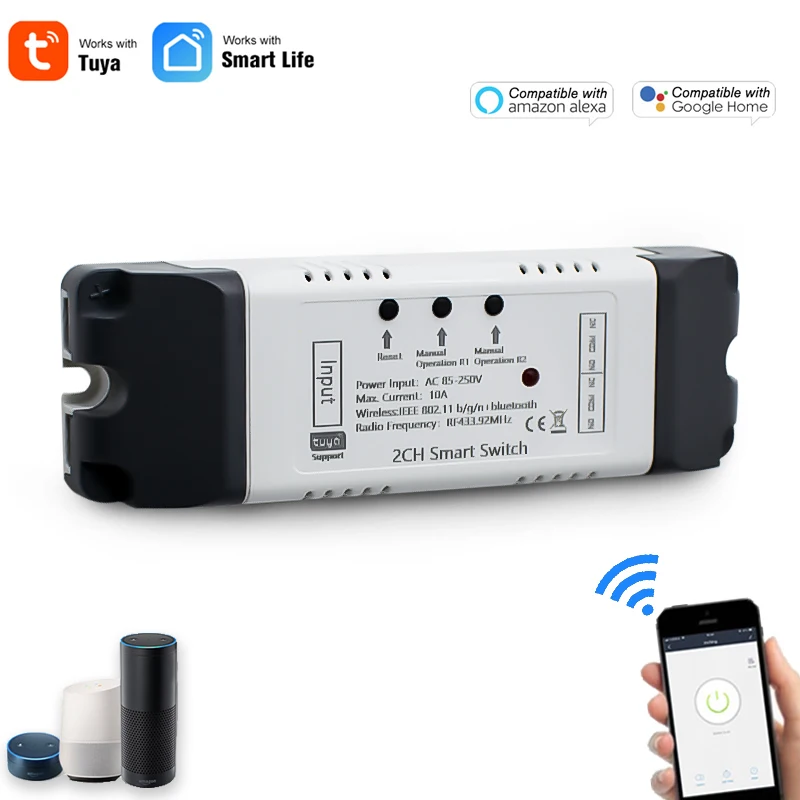 

2 way relay switch WiFi wireless compatible with Gate remote control Tuya AC/DC 7-32V AC 85-250V switch control timing jog mode