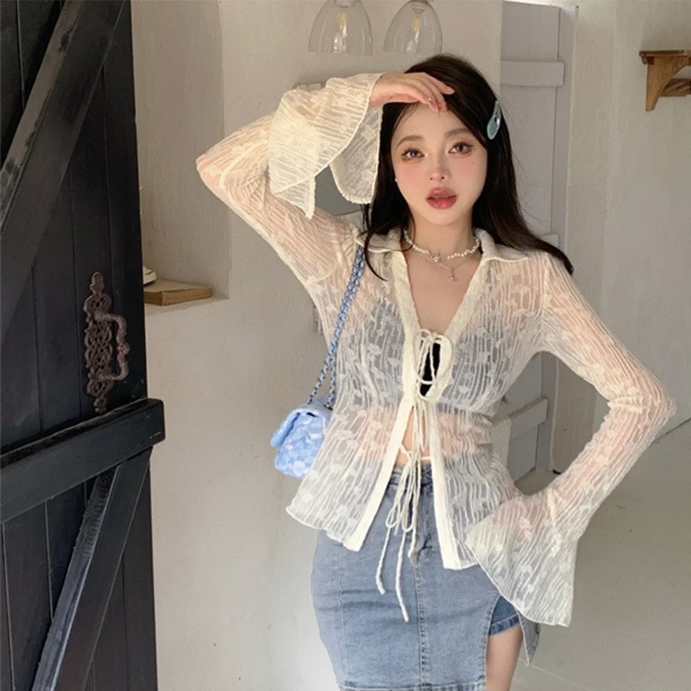 

Y2k Gothic Lace Shirt Vintage Blouse Women Black Tops Lcae Up Fairycore Shirt Flare Sleeve See-through Blusas Female