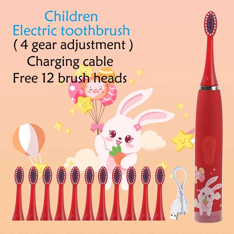

Sonic Electric Toothbrush Cartoon Kids With 12PCS Replacement brush heads Waterproof Rechargeable Timer Brush for Children Red