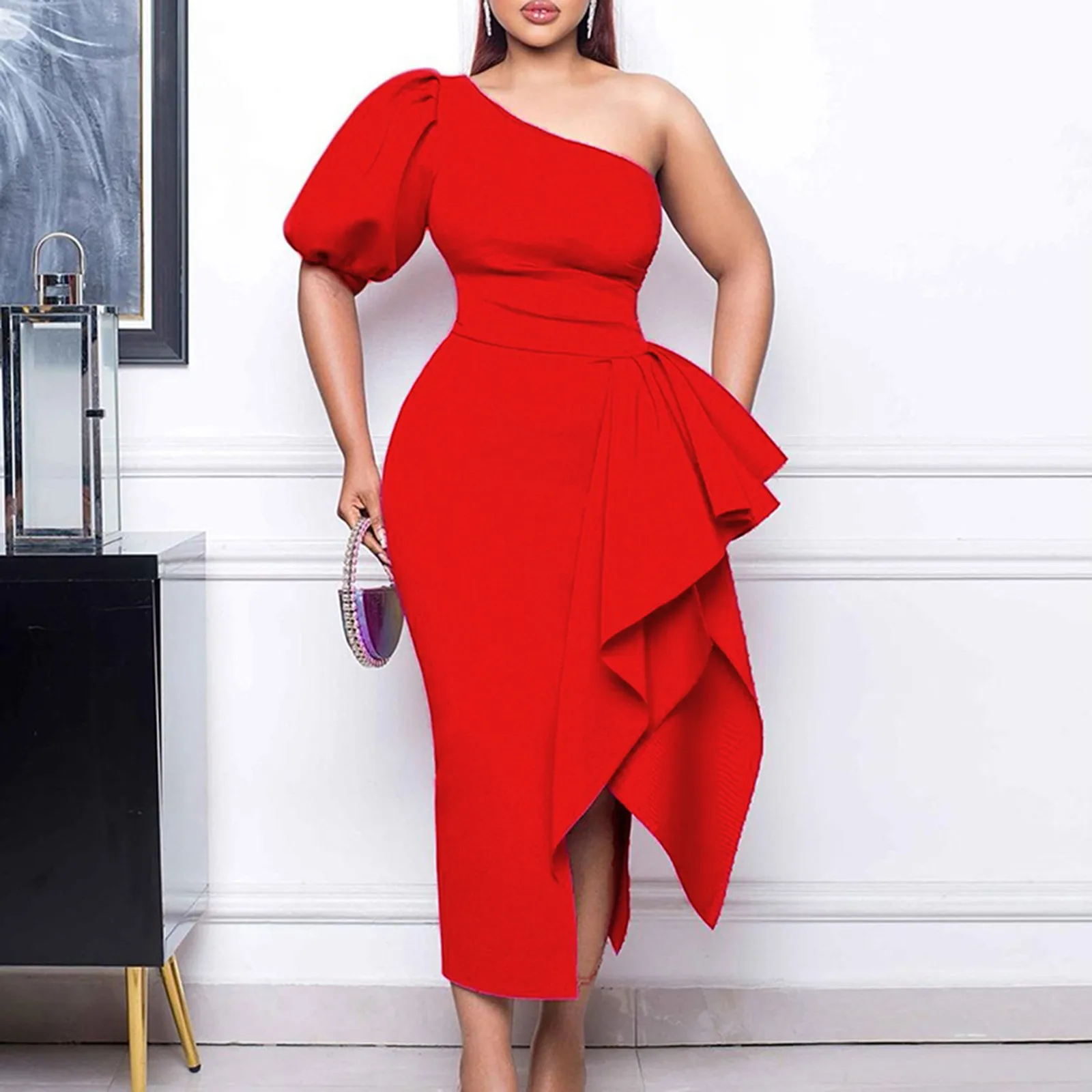 Elegant Dresses For Women Sexy One Shoulder Lantern Sleeve Ruffles High Split Ankle Length Evening Night Party Vestidos Mujer
Elegant Dresses For Women Sexy One Shoulder Lantern Sleeve Ruffles High Split Ankle Length Evening Night Party Vestidos Mujer