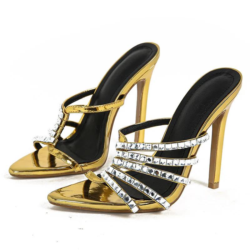 

New Summer Women's High-heeled Sandals Pointed Toe Open Toe Stiletto Sandals One-word Rhinestone Outer Slippers