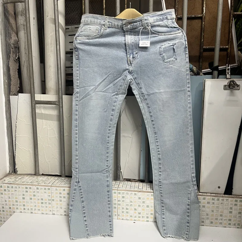 

High Street Askyurself Blue Jeans Washed Straight Splicing Cuffs Ripped Denim Pants Men Women Casual ASK Trousers Real Photos
