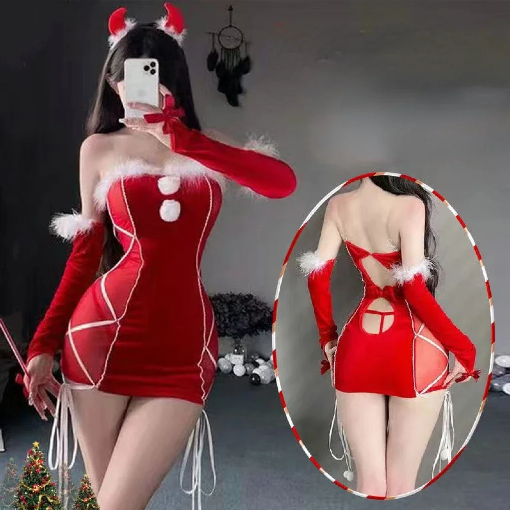 

Рождественское сексуальное нижнее белье, ночное платье, сексуальный красный бархатный костюм Санты плюс, эротический костюм, мини-юбка с G-стрингами, кружевная Пижама, ночное белье