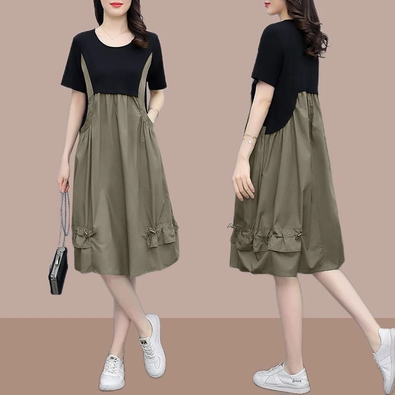 

Women's 2024 Summer New Pullover Round Neck Panel Fashionable Pockets Folds Solid Color Casual Fashion Mid Length Loose Dress