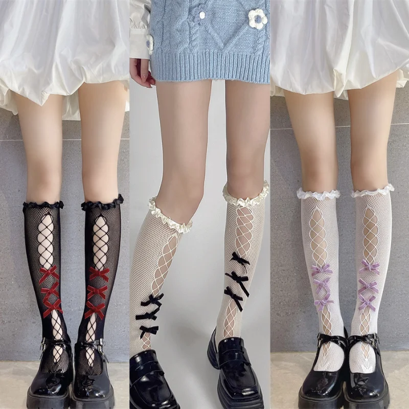 

Summer Knee High Sock for Girl Sweet Bowknot Style Calf Sock for Chilren Soft Mesh Fishnet Stocking Sock Clothes Accessories