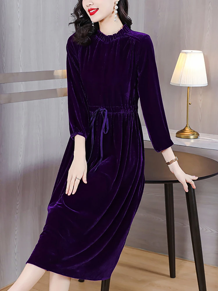 

Women Purple Velvet Long Sleeve Midi Dress 2024 Black Korean Vintage Hepburn Dress Autumn Winter Elegant Luxury Bandage Vestidos