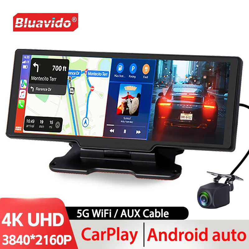 

Bluavido 4K Dash Cam Wireless CarPlay Android Auto GPS Navigation 5G WiFi AUX Car DVR Rear View Camera Dashboard Video Recorder