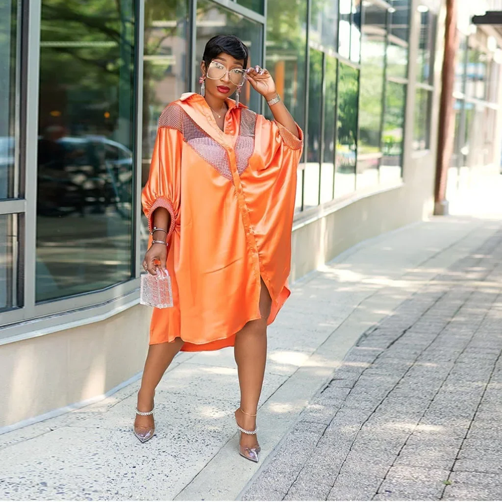

Лидер продаж, свободное однобортное оранжевое модное повседневное женское платье с длинным рукавом и отложным воротником