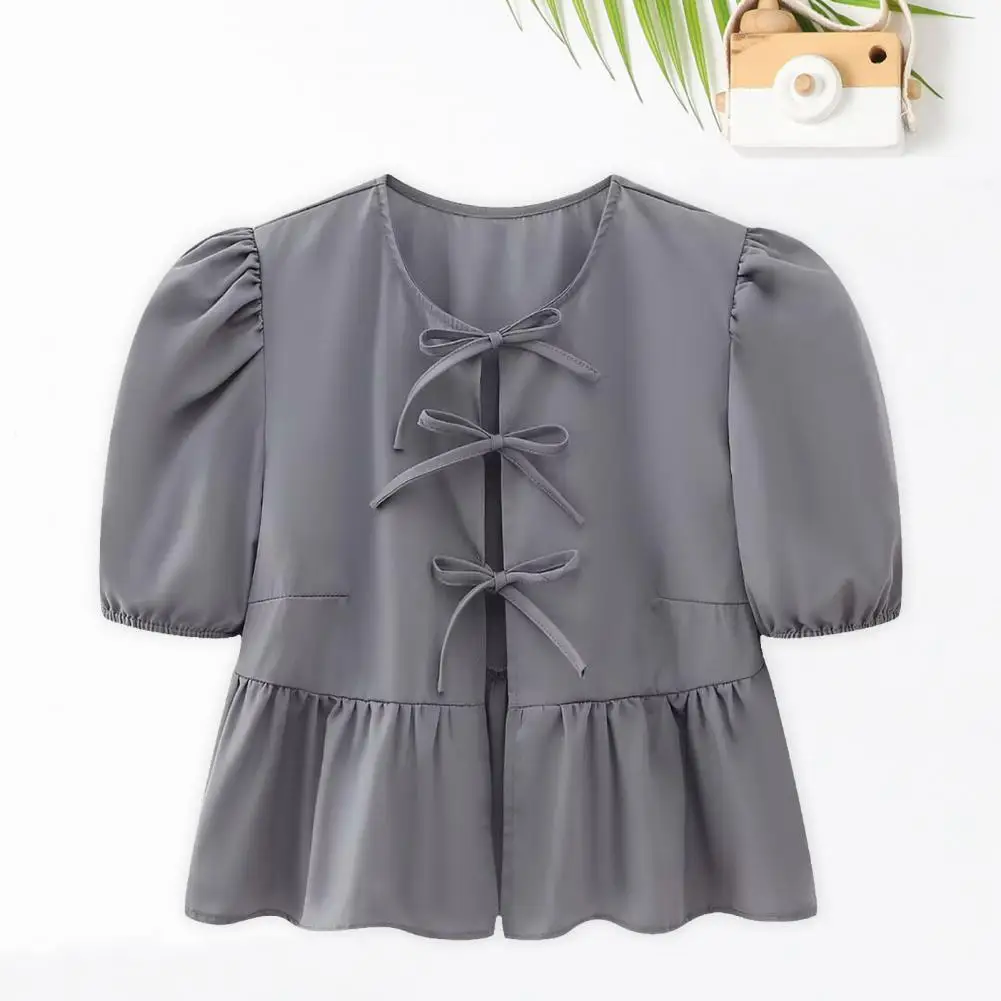 

Round Neck Top Stylish Women's Casual Shirt with Puff Sleeves Ruffle Hem Lace-up Detail Solid Color Cropped Top for Streetwear