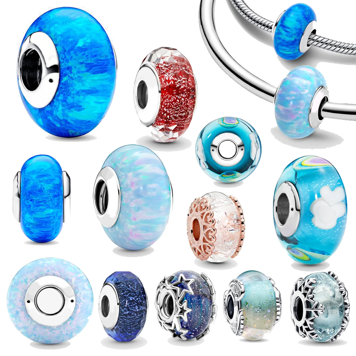 

New in 2023 Original 925 Sterling Silver Murano Glass Bead Deep Blue Sea Flower Charms Fit Bracelet DIY Women Jewelry Accessorie