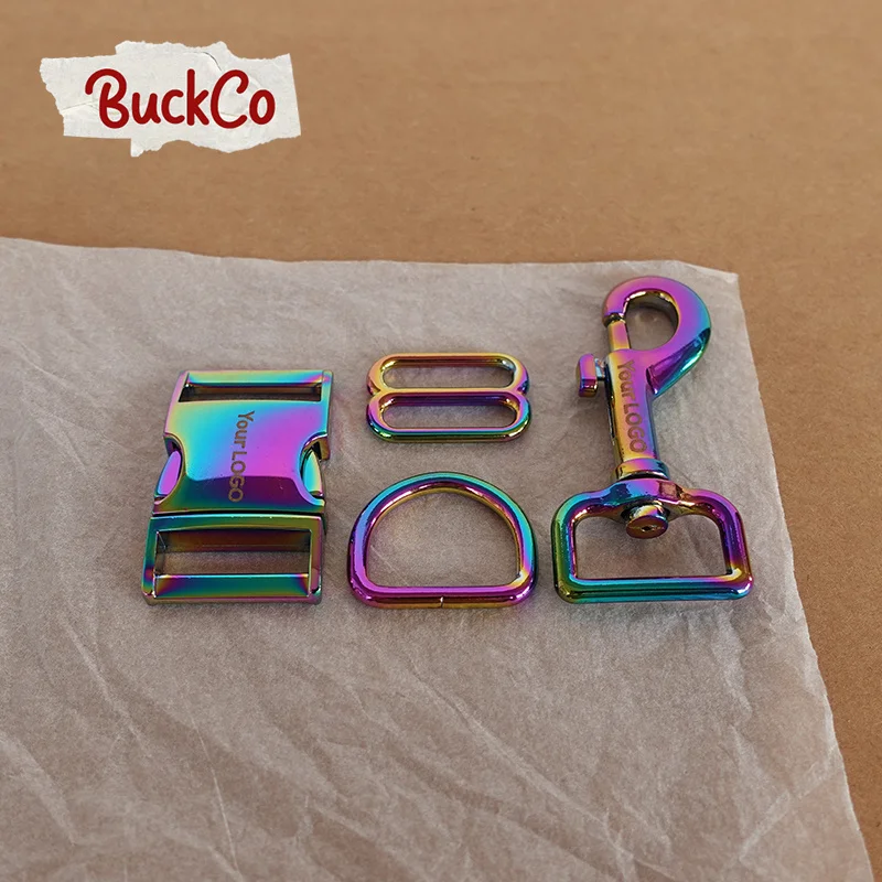 Engraved 25mm Rainbow(metal buckle+adjust buckle+D ring+metal dog clasp)DIY webbing sewing pet supplies high quality accessories
Engraved 25mm Rainbow(metal buckle+adjust buckle+D ring+metal dog clasp)DIY webbing sewing pet supplies high quality accessories