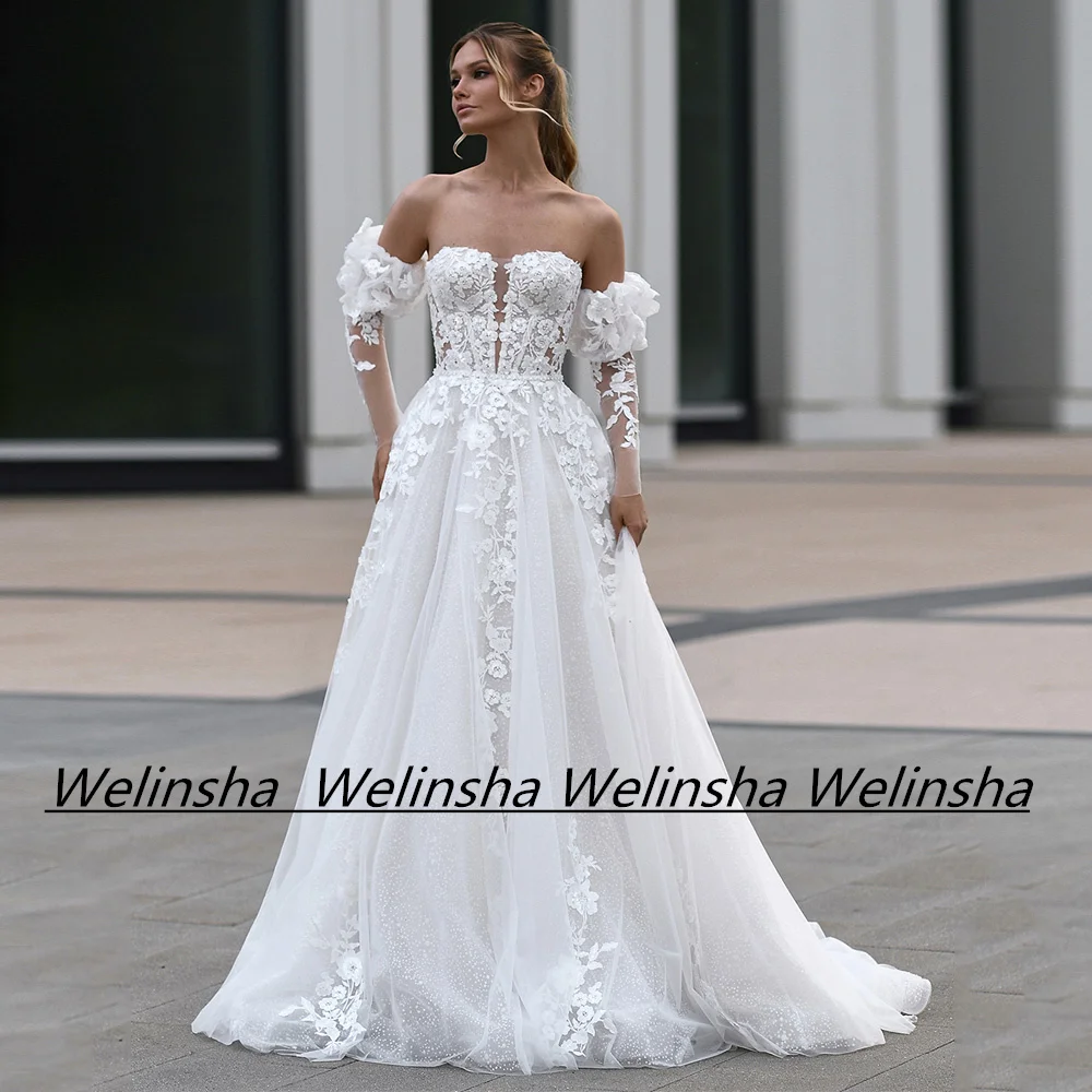 

Charming Wedding Dress Sweetheart Long Sleeves Flowers Applique Lace Pearls Belt Glitter Tulle Boho Bridal Gown Sweep Train