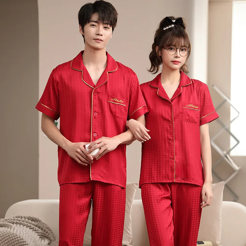 Summer Women Mne Short Sleeve Shirt Pants Couple Houndstooth Jacquard Satin Rayon Pajamas Sets Sleepwear Homewear
Summer Women Mne Short Sleeve Shirt Pants Couple Houndstooth Jacquard Satin Rayon Pajamas Sets Sleepwear Homewear