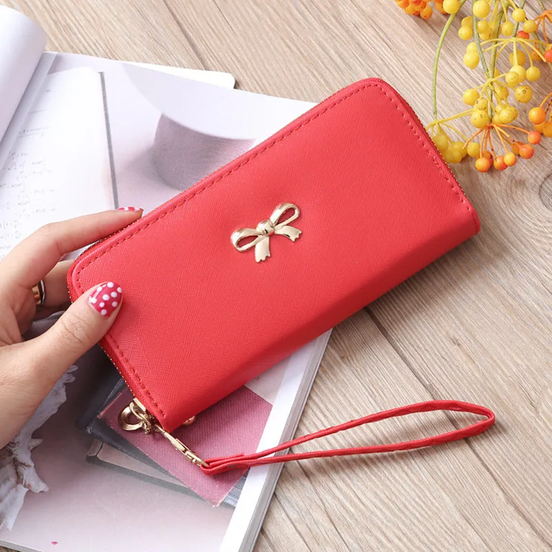 

PU Leather Women's Long Wallet Cute Bowknot Phone Money Bag Clutch ID Card Holder Detachable Wristband Fashion Coin Purse