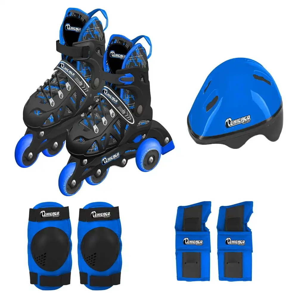 Adjustable Inline Training Skate Combo Set Black/Blue/White, Includes Skates, Helmet, Knee pads, Wrist guards and Carryall backp
Adjustable Inline Training Skate Combo Set Black/Blue/White, Includes Skates, Helmet, Knee pads, Wrist guards and Carryall backp
