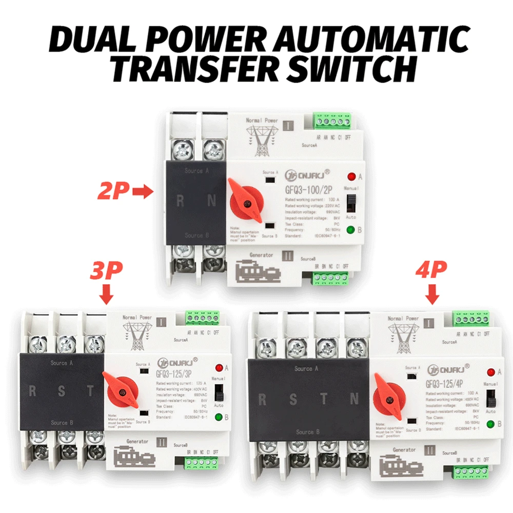 

2P 3P 4P ATS Din Rail Dual Power Automatic Transfer Switch Selector Switches Uninterrupted Power Generator 63A 100A 125A