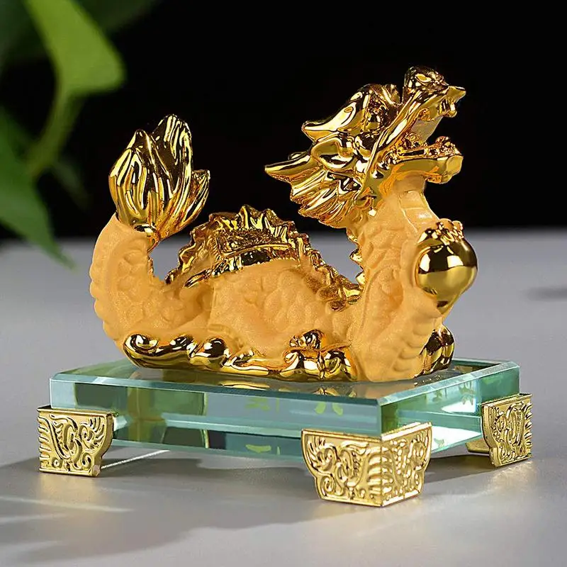 

Zodiac Dragon Statue Golden Resin Ornament Tabletop Feng Shui Dragon Decoration Collectible Dragon Figurines Table Decor