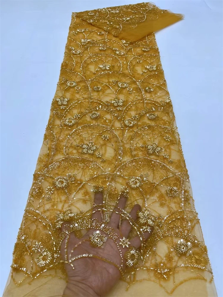 

5 ярдов Роскошная африканская кружевная ткань с блестками 2024 Высококачественная французская нигерийская кружевная ткань с бисером для шитья свадебного платья FJ
