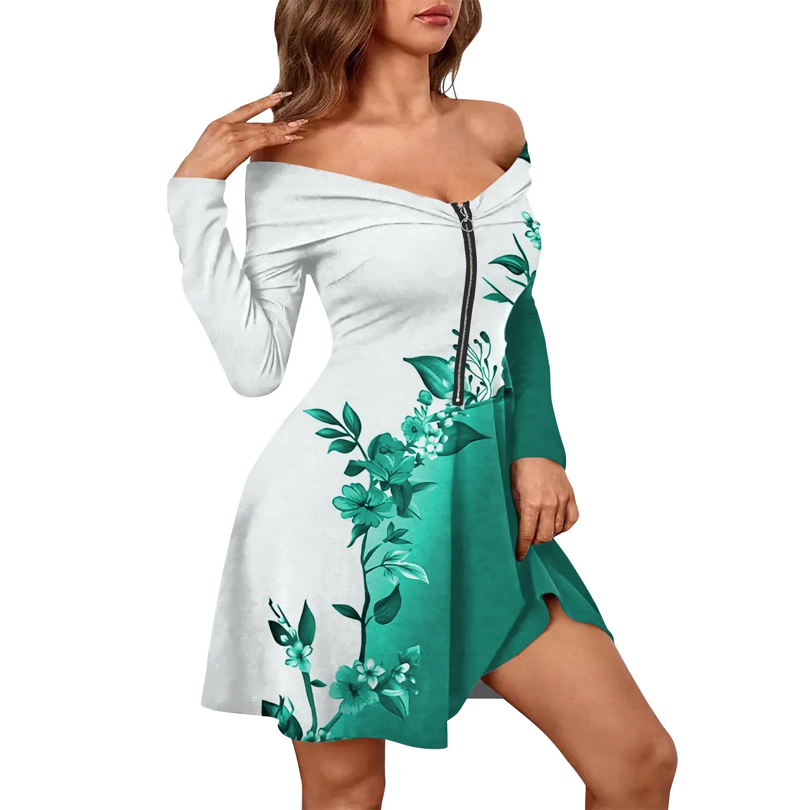 

Women's Casual Fashion Long Sleeve Floral Print Zipper Sexy Off-Shoulder Dresss Vintage Elastic Pleated Sun Skirts 스커트