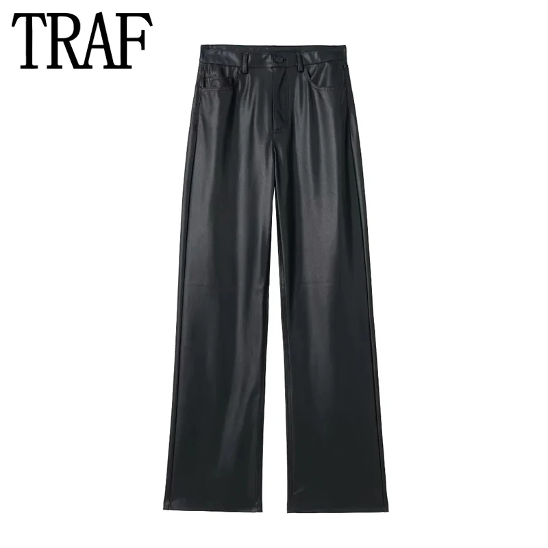 

TRAF 2023 Black Faux Leather Pants Women Autumn High Waist Baggy Pants Woman Streetwear Y2k Pants Straight Leg Women's Trousers
