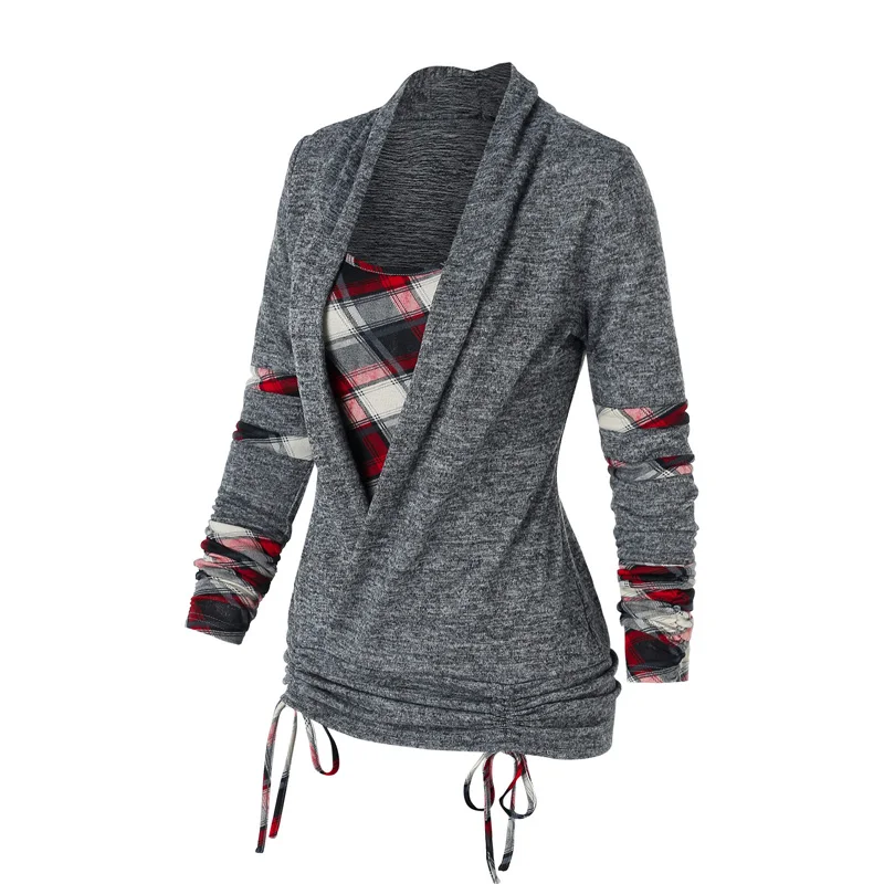 

Plaid Print Cinched Heathered Faux Twinset T-shirt Women 2 In 1 Tee Twofer Tee Long Sleeve T Shirts