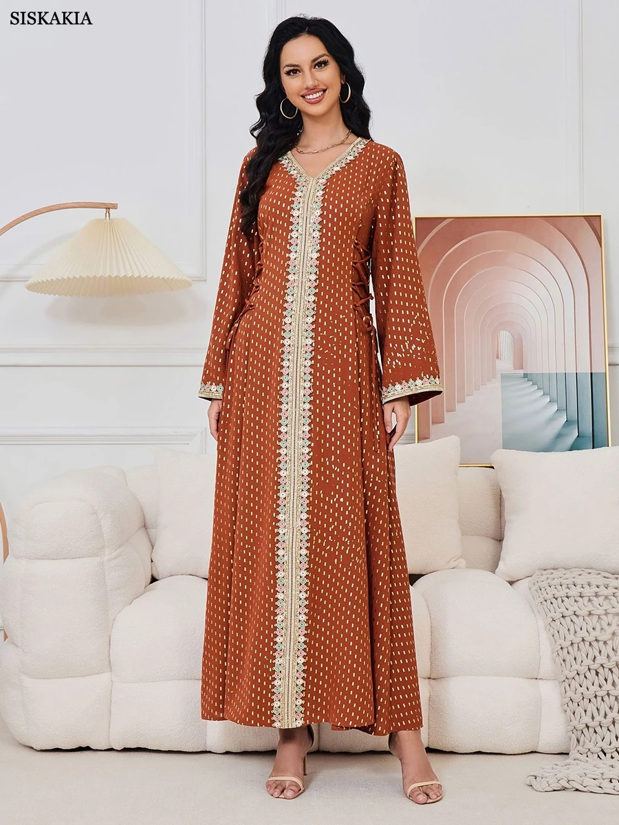 

Siskakia Fashion Gold Stamping Belted Abaya Dubai Islamic Clothing Tape Trim Long Sleeve V-Neck Elegant Women Dress Arab Caftan