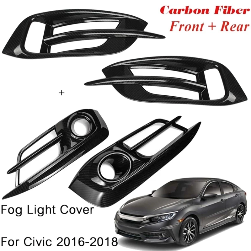 

4Pcs Carbon Fiber Bumper Front&Amp,Rear Fog Light Lamp Cover Grille For Honda Civic 10Th 2016 2017 2018