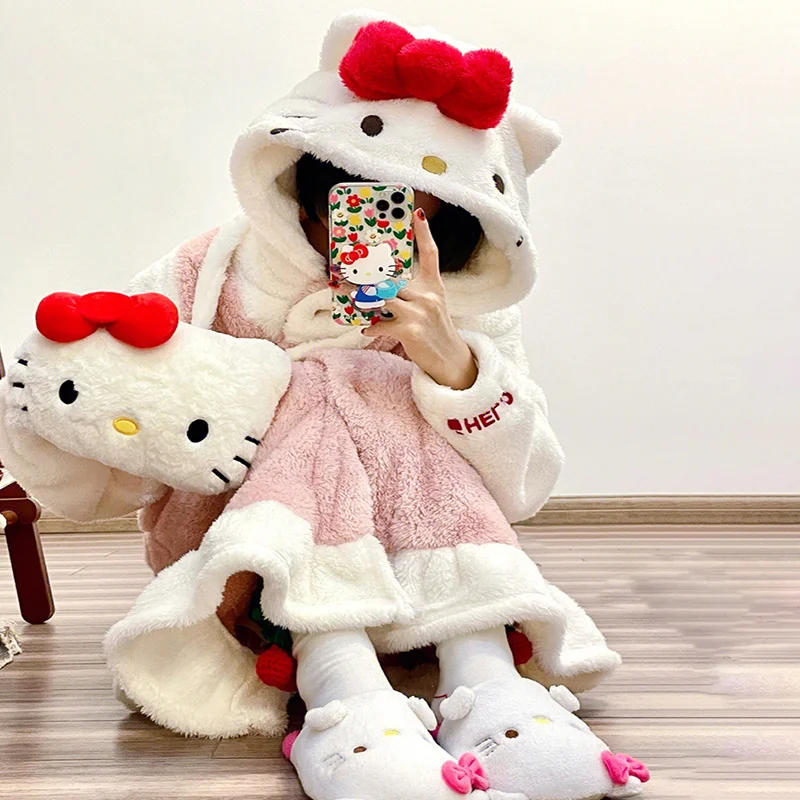 

Hello Kitty Kawaii Sanrio Cute Bow Furry Pajamas Autumn And Winter Sweet Girl Long Pajama Anime Plush Couple Loungewear Soft Wea