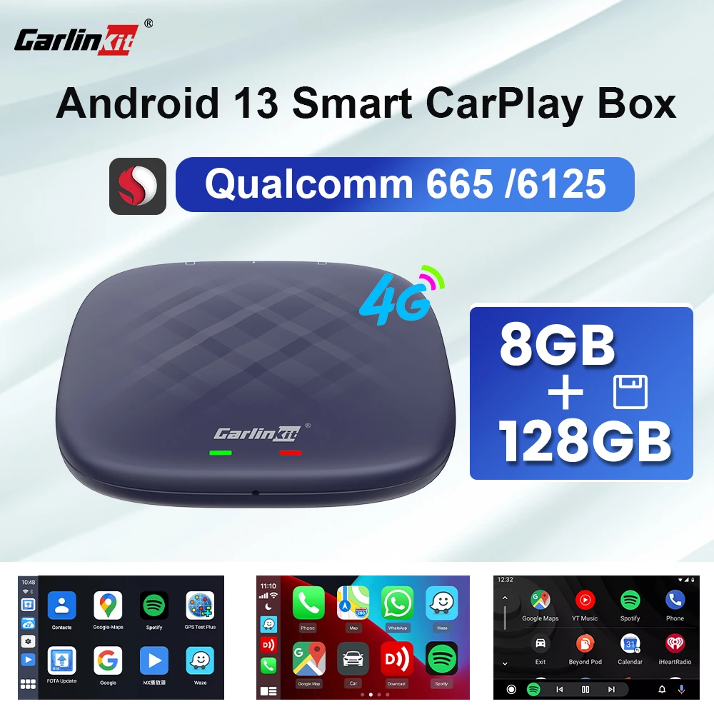 

8 ГБ + 128 ГБ Carlinkit Android 13.0 CarPlay Ai Box Plus Qualcomm Snapdragon QCM6125 8-ядерный беспроводной CarPlay/Wireless Android Auto Video TV Box Обновление FOTA с поддержкой порта SIM/TF-карты Netflix YouTube