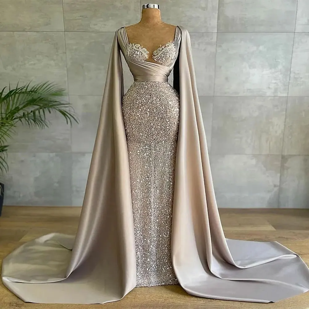 

Arabic Glitter Sequined Evening Dresses with Cape Ruched Lace Appliques Sweetheart Prom Gown Formal Party Women Red Carpet Dress