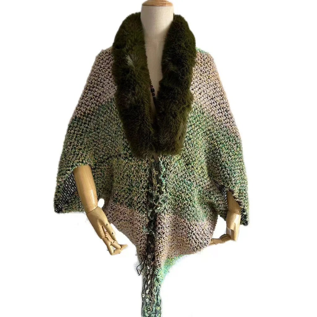 

Poncho New European and American Ethnic Style Cloak Cloak Autumn and Winter Warm Tassel Imitation Fur Collar Shawl Scarf Green