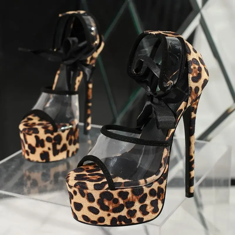 

Eilyken леопардовые прозрачные женские сандалии из ПВХ с открытым носком пикантные на платформе ультратонкий каблук для ночного клуба уличная стильная женская обувь
