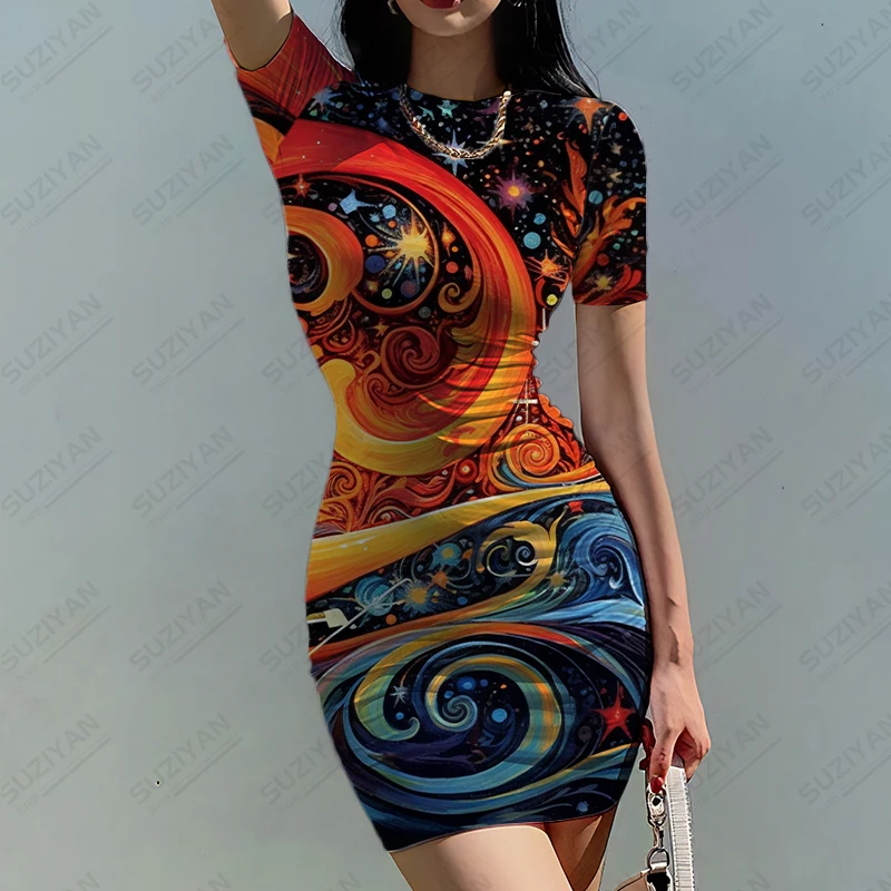 

Summer new lady slim dress color stitching 3D printed lady dress ethnic style casual fashion ladies slim dress