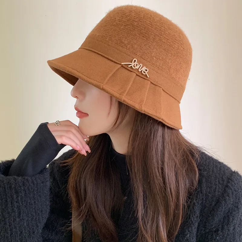 

Bucket Hat Women Autumn Winter Wool Thick Warm Solid Color Gold Letters Label Fashion Sunshade Cap Korean New Trendy Casual