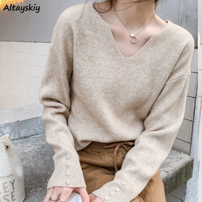 

Pullovers Women Autumn Soft Inner Cozy Minimalist Temper Females Casual Korean Style V-neck Classic All-match Unisex New Sweater