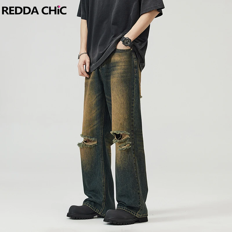 

REDDACHIC 90s Retro Green Wash Ripped Baggy Jeans Men Skater Whiskers Torn Destroyed Wide Leg Denim Pants Big Size Male Trousers