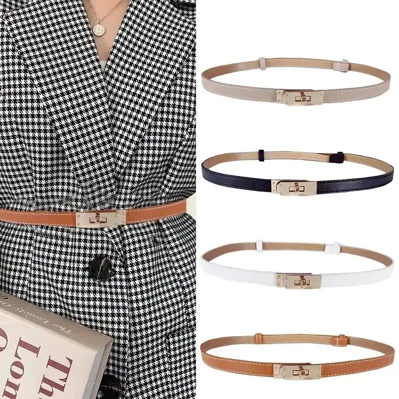 

2023 New Luxury Brand High Quality Women PU Leather 2.1cm Width Belts Golden Lock Buckle Dress Jeans Sweater Waistband Belt